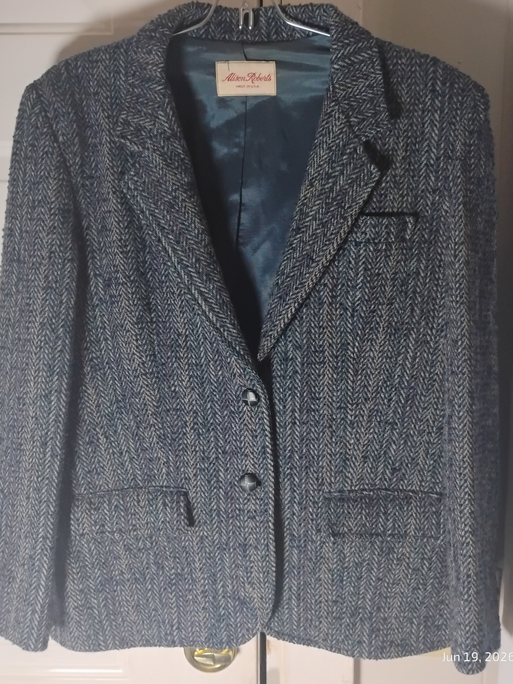 Women's Blue Herringbone Wool Blend Blazer